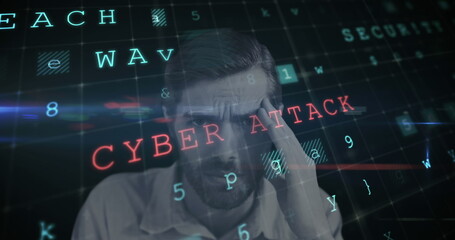 Poster - Image of digital interface with cyber attack warning text and portrait of worried man