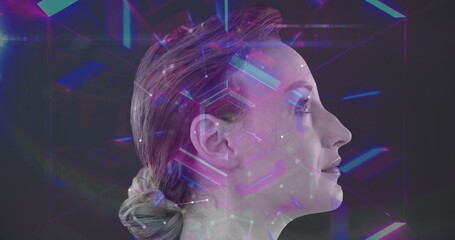 Poster - image of digital interface with tunnel of glowing neon lights with side view of woman