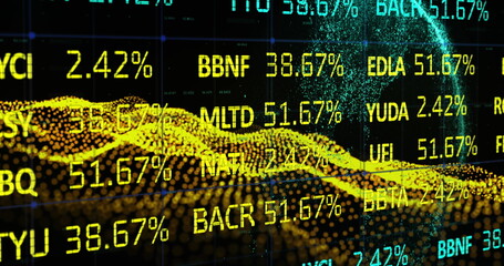 Poster - image of data processing over yellow waving mesh and globe over black background