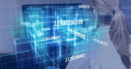 Poster - Image of numbers changing data processing against woman using computer