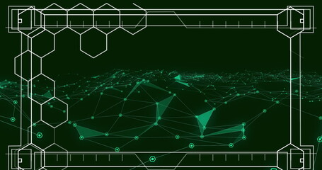 Poster - Image of screen with hexagons and network of connections over green background