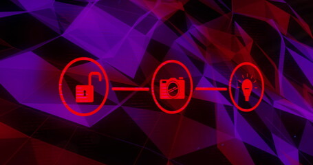 Poster - Image of three glowing red digital icons over network of connections