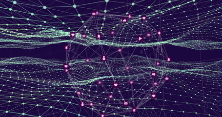 Poster - image of globe of network of connections with multiple icons over waving mesh