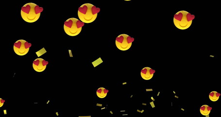 Poster - Image of gold falling over emojis with red heart eyes on black background