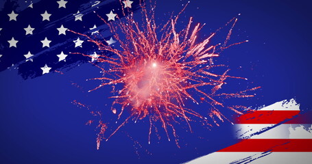 Poster - Image of fireworks exploding over american flag on blue background