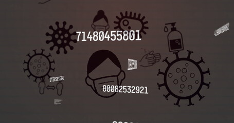 Poster - Digital image of multiple changing numbers floating over covid-19 concept icons on brown background
