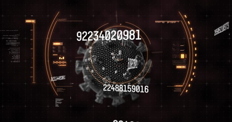 Poster - Digital image of multiple changing numbers floating against scope scanning cell on black background