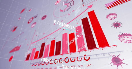 Poster - Image of multiple changing numbers floating against statistical data processing on grey background
