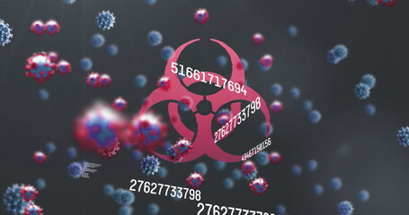 Poster - Digital image of multiple changing numbers floating over cells against biohazard symbol