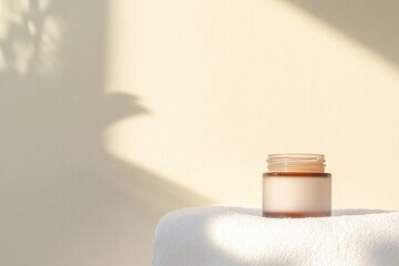 Poster - classic jar of cold cream placed on soft white towel with natural light and clean background creating elegant and serene