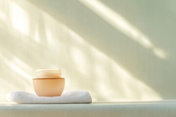 Poster - classic jar of cold cream placed on soft white towel with natural light and clean background creating elegant and serene
