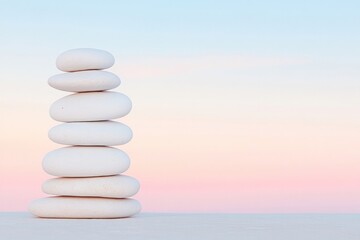Poster - peaceful arrangement of white pebbles stacked in balanced tower each stone carefully placed on top of other against