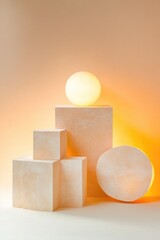 Poster - podium with bold geometric designs featuring shapes like cubes and circles illuminated against solid backdrop with