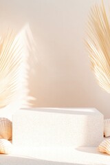 Poster - podium with smooth sandy textures and shell-like patterns illuminated in natural light and surrounded by ample copy