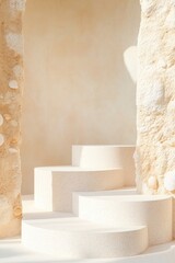 Poster - podium with smooth sandy textures and shell-like patterns illuminated in natural light and surrounded by ample copy