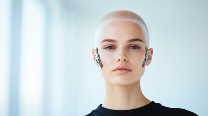 Poster - portrait of person with cybernetic implants blending seamlessly into their skin showcasing harmony between humanity