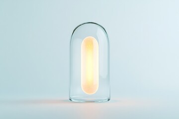 Poster - sleek glass capsule containing bioluminescent microorganism glowing softly in perfectly white minimalistic setting