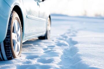 Poster - sparkling clean car parked in snowy setting sunlight reflecting off its surface with footprints in s