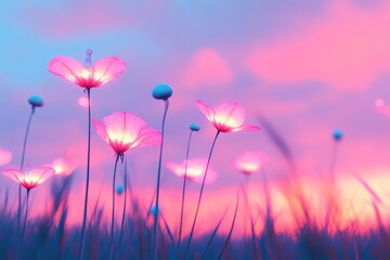 Poster - surreal alien meadow filled with strange glowing flowers and floating creatures vibrant skies creati