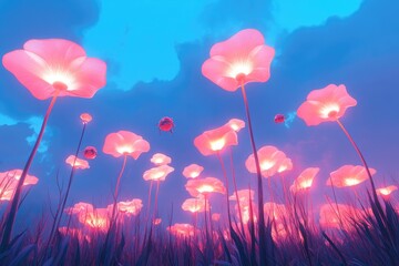 Poster - surreal alien meadow filled with strange glowing flowers and floating creatures vibrant skies creati
