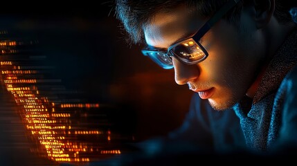 Focused Programmer with Glowing Code A Close Up Portrait