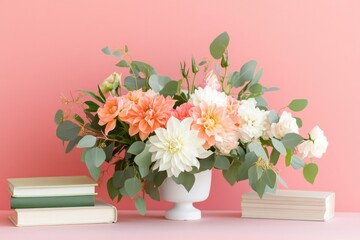 Poster - vibrant image of floral centerpiece surrounded by gardening books setup clean and text-ready for promotional purposes