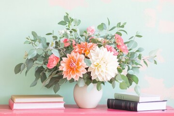 Poster - vibrant image of floral centerpiece surrounded by gardening books setup clean and text-ready for promotional purposes