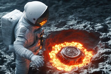 Poster - astronaut discovering ancient alien device embedded in glowing crater stark alien landscape surrounding scene providing