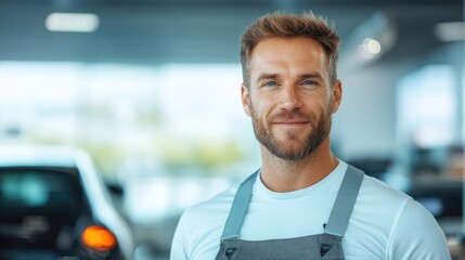 Poster - automotive staff member explaining navigation features to client with sleek showroom blurred in background and ample