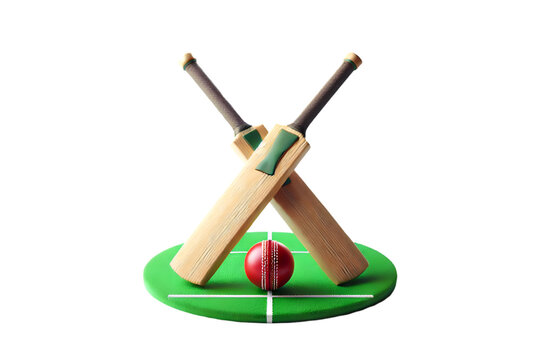 Cricket bats and ball on green pitch 3D rendering