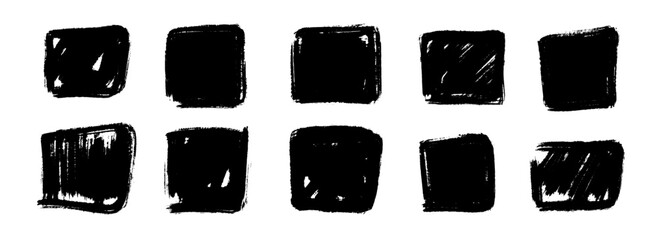 Aufkleber - Dry paint square stain set. Black grunge ink frame box collection. Brush stroke rectangle element pack. Hand drawn charcoal blobs for poster design, banner, template, text box. Vector border bundle