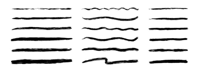 Aufkleber - Straight and wavy paint line set. Thin to thick sketch brush stroke collection. Rough charcoal squiggle stripes for highlight, underline, emphasis. Vector hand drawn long and short crayon chalk strips