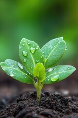 Poster - fresh green sprout emerging from damp soil with morning dew glistening like tiny diamonds on leaves