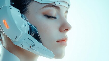 Poster - Futuristic woman with a robotic head symbolizing the intersection of technology and ai ethics in startup culture