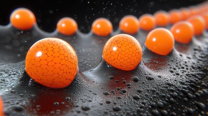 Poster - Vibrant orange balls arranged on a black surface symbolizing hybrid ai neural networks and their creative computational power
