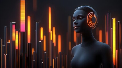 Poster - A woman with a futuristic headpiece representing advanced technology and machine learning-powered market sentiment analysis