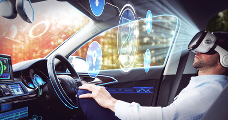 Poster - Image of icons over businessman wearing vr headset in self driving car
