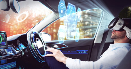Poster - Image of icons over businessman wearing vr headset in self driving car