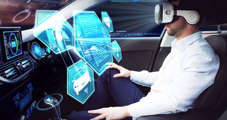 Poster - Image of icons over businessman wearing vr headset in self driving car