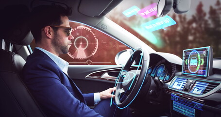 Poster - Image of digital interface over businessman in self driving car