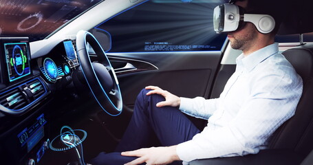 Poster - Image of data processing over businessman wearing vr headset in self driving car