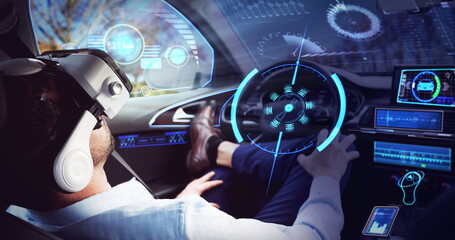 Poster - Image of screen over businessman wearing vr headset in self driving car