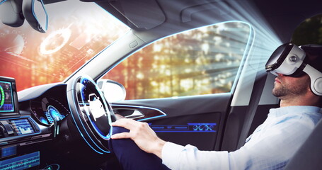 Poster - Image of digital interface over businessman wearing vr headset in self driving car