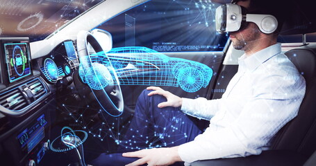 Poster - Image of 3d car drawing over businessman wearing vr headset in self driving car