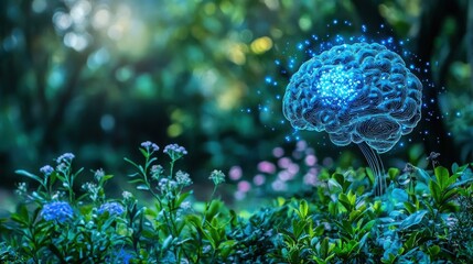 Poster - Brain resting on green grass representing the intersection of nature and technology in natural language processing research