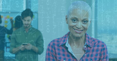 Poster - Image of mathematical formulae over woman using tablet