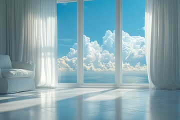 Aufkleber - A serene living space with soft light streaming through large windows, showcasing a beautiful sky and inviting atmosphere.