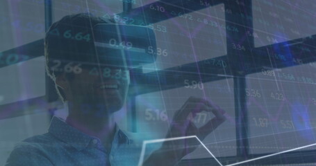 Poster - Image of data processing over man wearing vr headset