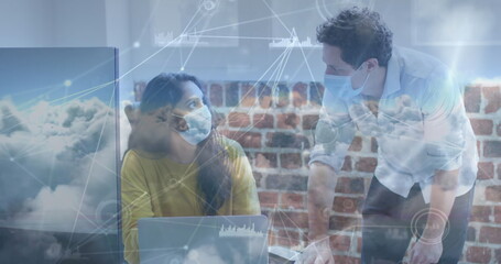 Poster - Network of connections against diverse office colleagues working together at office
