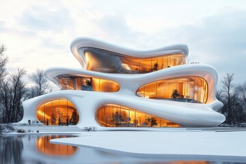 Poster - A stunning modern architectural masterpiece with fluid design, reflecting elegance and innovation near a serene water body.